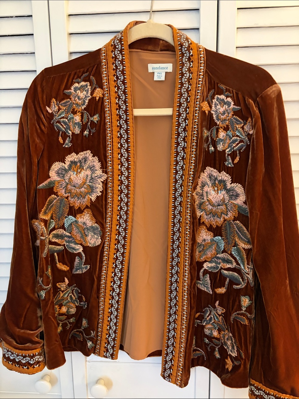 Sundance Rust Velvet Embroidered Floral Open Front Jacket-Lola May